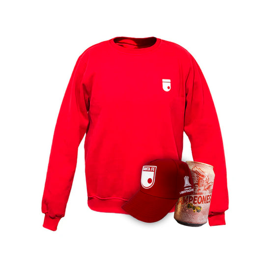 COMBO FUTBOLERO SACO ROJO ESCUDO MINIMALISTA-GORRA+LATA