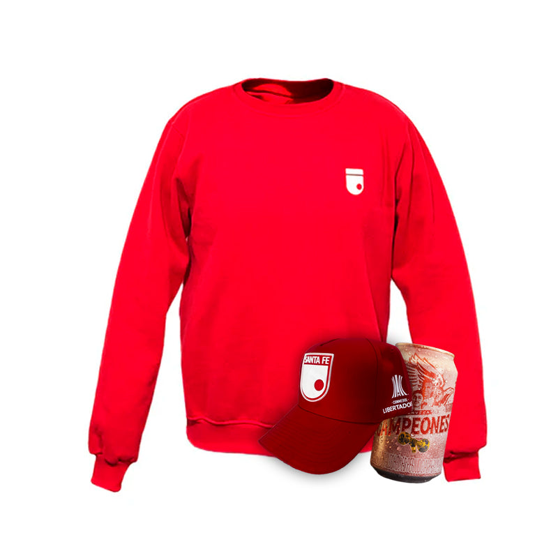 COMBO FUTBOLERO SACO ROJO ESCUDO MINIMALISTA-GORRA+LATA